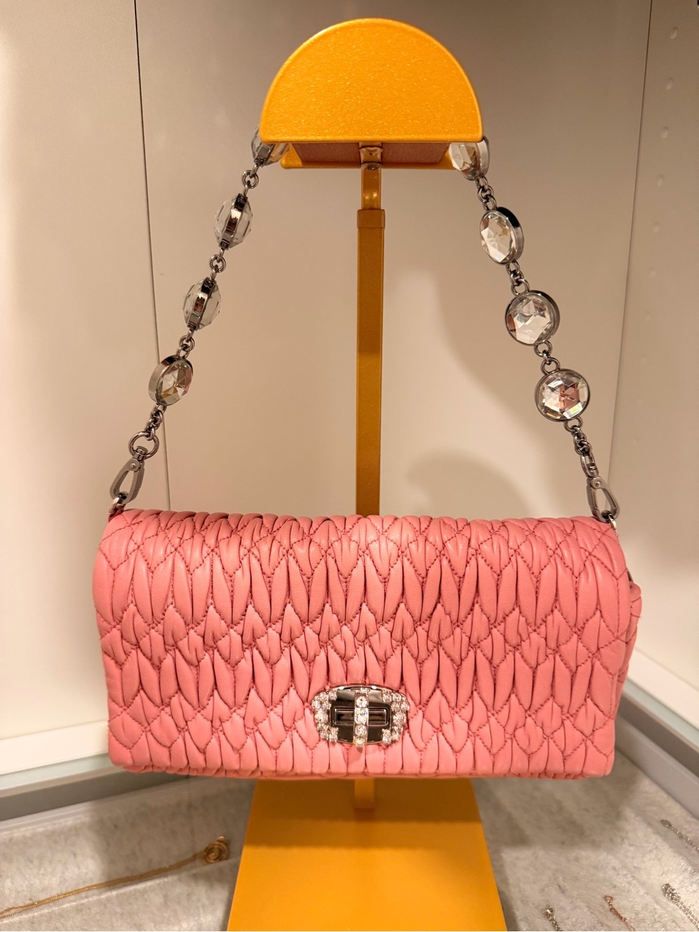 Miu Miu Matelassé Crystal Chain Shoulder Bag Pink Nappa Leather (Complete w Box)